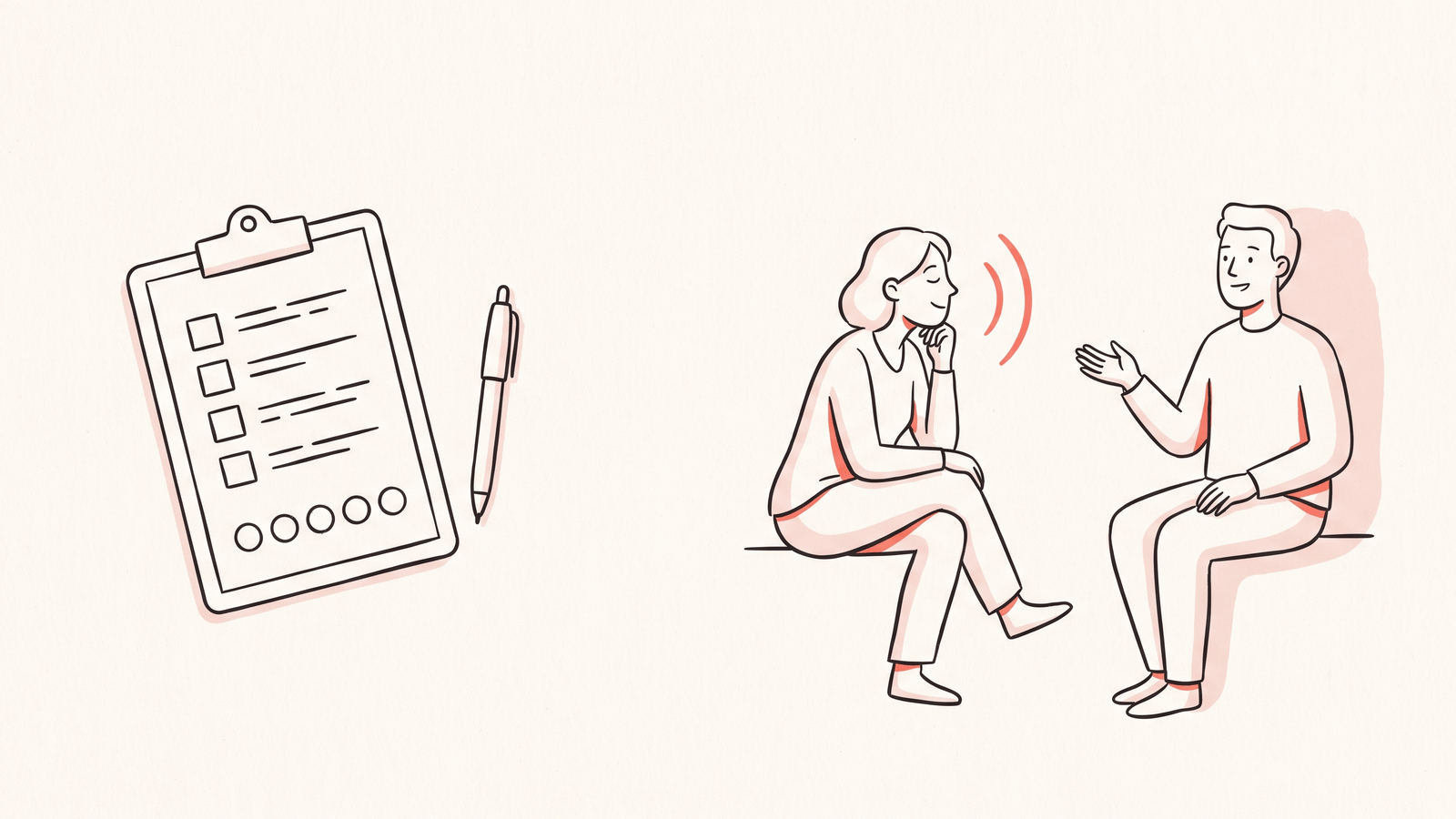 Illustration comparing survey checkboxes and rating scales with a conversation between two people.
